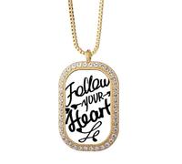 Follow Your Heart - Collar con colgante de diamantes y cristales dorados con cita Art Deco