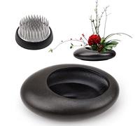 Folmywy Kit de jarrón de cerámica japonesa Ikebana con soporte de tallo de flores de rana Kenzan de 1.57 pulgadas, jarrón redondo negro con forma de guijarro para centros de mesa, suministros de arte