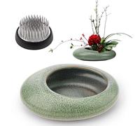 Folmywy Kit de jarrón de cerámica japonesa Ikebana con soporte de tallo de flores de rana Kenzan de 1.57 pulgadas, cuenco redondo verde Ikebana, maceta para decoración de mesa de actividades de verano