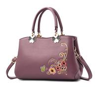 FOLOVEYA Elegante Bolso de Mano Pequeño Bordado Floral Bolsa para Mujer Bolso Señoras Bolsa Bandolerade Bolse de Hombro Cuero PU para Compras Trabajo Citas Viaje Púrpura C