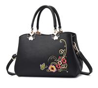 FOLOVEYA Elegante Bolso de Mano Pequeño Bordado Floral Bolsa para Mujer Bolso Señoras Bolsa Bandolerade Bolse de Hombro Cuero PU para Compras Trabajo Citas Viaje Negro C