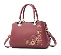 FOLOVEYA Elegante Bolso de Mano Pequeño Bordado Floral Bolsa para Mujer Bolso Señoras Bolsa Bandolerade Bolse de Hombro Cuero PU para Compras Trabajo Citas Viaje Rosa Oscuro C