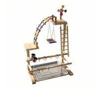 Folpus Bird Stand Perch Parque de Aves Percha Soporte Gimnasio con Escalera Arco con Columpio y Tazas en Madera Maciza y Acero Inoxidable Adecuado para Juego