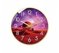 Folpus Reloj de Pared de Reloj Silencioso Reloj Redondo Reloj de Pared Decorativo con Fácil Montaje Cubierta de Vidrio contra Polvo Lectura Clara para Niños, 20CM, Marco Dorado Planeta B