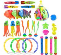Folpus Set 28 Juguetes Hundibles Plástico para Juegos Acuáticos con Anillos Colores Palos y Cohetes para Fomentar el Buceo Infantil Acuado para Entrenamiento y Diversión en Piscinas al Libre