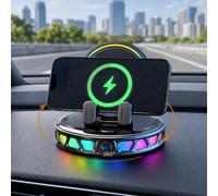 Foluu Soporte giratorio de 360° para teléfono de coche con luz ambiental RGB, carga rápida de 15 W, soporte de tablero de bloqueo automático con un solo clic para navegación de coche, compatible con