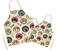 FOMAISELF Delantal de cocina de lino para padres e hijos, lindo patrón de gato, delantal para mamá y niños, delantales para mamá, hijo, hija para cocinar, hornear, pintar, fiesta