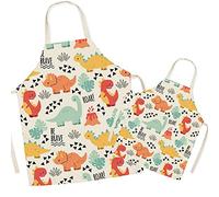 FOMAISELF Delantal de lino para cocina para padres e hijos, lindo patrón de dinosaurio, para mamá y niños, delantales para mamá, hijo, hija para cocinar, hornear, pintar, fiesta