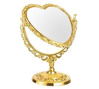 FOMIYES 1 espejo de maquillaje de doble cara para mesa de plástico, espejo retro con forma de corazón con flor hueca en relieve para aparador, escritorio, baño, dormitorio (dorado)