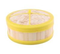 FOMIYES Vaporera de Bambú con Tapa y Borde Plástico Amarillo, Cesta Nivel de 20 Cm para Cocinar Dim Sum, Panecillos Chinos y Verduras al Vapor, Adecuado para Cocina Asiática y Uso