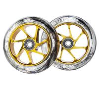 fomo team Pro Stunt Scooter Ruedas de 110 mm x 24 mm efecto acuarela con rodamientos ABEC 9 instalados en paquete de 2 ruedas de repuesto (núcleo de poliuretano negro dorado)