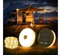 FOMYHEARD 10M Retráctil Cadena de Luces para Camping,3 en 1 portátil para exteriores a de Impermeable Lampara Camping,8 modos de iluminación,Solar y USB de carga,pour le Jardín,la décoration de patio