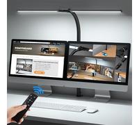 FOMYHEARD Lampara Escritorio LED de Doble Cabeza, 24W 80CM Flexo Escritorio de Regulable con Clip,10 Temperaturas Color 10 Niveles Brillo,Protección Ocular Luz Monitor Oficina con Control Remoto & USB