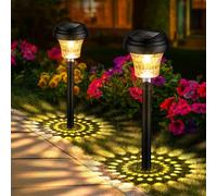 FOMYHEARD - Lámpara solar exterior para jardín, 2 piezas, luz solar al aire libre con luz cálida y 7 colores RGB, IP65, impermeable, iluminación exterior solar para caminos, decoración de jardín al