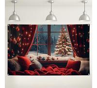 Fondo acogedor de escena de invierno, decoración festiva, arte de pared, fondo de Navidad rojo y verde para fotografía de interior/exterior, suministros de fiesta de invierno del país de las