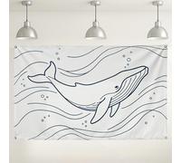 Fondo artístico de línea de ballena, diseño minimalista del océano para fotografía, decoraciones de fiesta temática náutica, fondo de playa de verano para eventos, 71 x 43 pulgadas