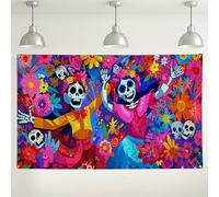 Fondo colorido de calavera floral, patrón de flores vibrantes para decoraciones del Día de Muertos, divertido fondo de fiesta para celebraciones, 71 x 43 pulgadas