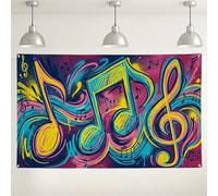Fondo colorido de notas musicales, decoraciones artísticas vibrantes para fiestas, tema de música retro para interiores y exteriores, fondo de fotos para eventos y celebraciones, 71 x 43 pulgadas