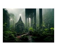 Fondo de acuario de templo antiguo de fantasía, columnas de piedra de la selva, misteriosa selva brumosa, plantas verdes, fondo de pecera, ruinas mágicas, rocas brumosas, fondos de recinto de tanque