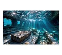 Fondo de acuario sumergido bajo el agua, cofre del tesoro sumergido, fondo de pecera, surrealista, mar profundo, luz solar, haz de luz solar, fondos de terrario, fondos marinos, fondos de tanque