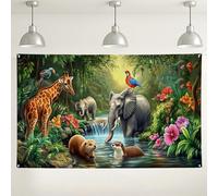 Fondo de animales de la selva, bosque tropical para fotografía, fondo colorido de escena de la naturaleza, adecuado para fiestas infantiles y eventos temáticos de la naturaleza, 71 x 43 pulgadas
