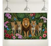 Fondo de animales de la selva, decoraciones florales coloridas de safari, león, tigre, leopardo, fondo de fotografía para fiestas, suministros de eventos temáticos de vida silvestre de verano, 71 x 43