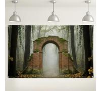 Fondo de arco de ladrillo de bosque místico, fondo de fotografía de naturaleza vintage, escena decorativa verde y marrón para eventos en interiores y exteriores, tema de otoño de 71 x 43 pulgadas