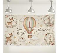 Fondo de aventura de bolas de aire caliente, bonita decoración de animales del bosque, decoraciones de fiesta coloridas pastel, ideal para celebraciones de cumpleaños y baby showers, 71 x 43 pulgadas