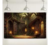 Fondo de biblioteca de bosque encantado, decoración de fantasía vintage para eventos, fondo de fotografía verde oscuro acogedor para fiestas, suministros de reunión de otoño, 71 x 43 pulgadas