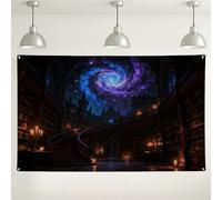 Fondo de biblioteca de galaxia mística, decoración temática de noche estrellada encantada, fondo de fotografía de fantasía azul oscuro para eventos, uso en interiores y exteriores, 71 x 43 pulgadas