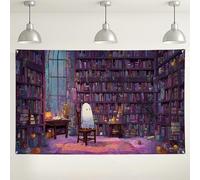 Fondo de biblioteca fantasmal, decoración espeluznante de habitación de Halloween, fondo de librería encantada para fiestas, suministros de fotomatón festivo de otoño, 71 x 43 pulgadas