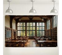 Fondo de biblioteca vintage, fondo de fotografía de muebles de madera rústica, decoración acogedora de interiores para eventos, arte de pared de temporada de otoño, 71 x 43 pulgadas