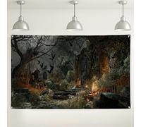 Fondo de bosque embrujado, decoraciones espeluznantes de fiesta de Halloween, escena de naturaleza gótica oscura para eventos de fotografía, fondo festivo de otoño, 71 x 43 pulgadas