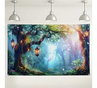 Fondo de bosque encantado, diseño colorido de mariposa y linterna para fiestas infantiles, escena mágica de la naturaleza para fotografía, suministros de eventos de primavera/verano, 71 x 43 pulgadas