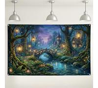 Fondo de bosque encantado, fondo de fotografía de escena de bosque mágico, linternas rústicas y decoración de arroyo para fiestas, ideal para eventos de otoño y reuniones de vacaciones, 71 x 43