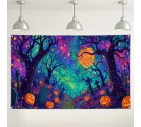 Fondo de bosque espeluznante de Halloween, decoraciones coloridas de calabaza y cementerio, escena nocturna mística para eventos de fotografía, suministros para festivales de otoño, 71 x 43 pulgadas