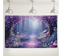Fondo de bosque violeta encantado, diseño de camino floral místico, fondo de fotografía de ensueño para fiestas, decoración de primavera para interiores y exteriores, 71 x 43 pulgadas