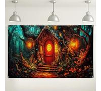 Fondo de cabaña con bosque encantado, escena mágica para decoración de fotografía, fondo de fiesta temática de cuento de hadas para celebraciones de vacaciones, 71 x 43 pulgadas