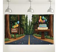 Fondo de camino de bosque de cumpleaños, decoraciones coloridas para tartas y globos, bonito fondo de fotos de fiesta para niños, eventos al aire libre e interior, suministros de fiesta de cumpleaños