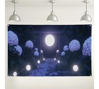 Fondo de camino de jardín iluminado por la luna, decoración de fiesta de estilo floral iluminado al aire libre, fondo de fotografía de eventos etéreos para celebraciones, 71 x 43 pulgadas