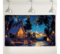 Fondo de campamento con bosque nocturno estrellado, decoración acogedora de escena glamping, fondo de fotos de río iluminado por la luna para eventos, suministros de fiesta de temporada de otoño, 71 x