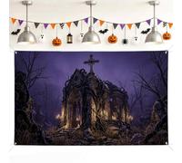 Fondo de capilla en ruinas, gótico espeluznante a la luz de las velas, árboles espeluznantes, fondo de fotos violeta para el hogar, habitación, pared, celebración, decoración, 71 x 43 pulgadas