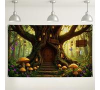Fondo de casa de árbol de cuento de hadas, bosque encantado, fondo de fotografía de hongos coloridos para fiestas, eventos en interiores y exteriores, celebraciones de primavera/verano, 71 x 43