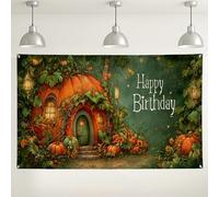 Fondo de casa de calabaza de feliz cumpleaños, decoración de fiesta temática de cuento de hadas de otoño, fondo de fotos acogedor para interiores y exteriores para celebraciones, 71 x 43 pulgadas