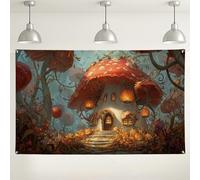 Fondo de casa de hongos fantásticos, decoración de fantasía de bosque encantado para fiesta de cumpleaños infantil, fondo de fotografía temática de otoño, 71 x 43 pulgadas