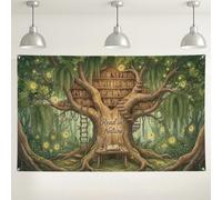 Fondo de casa del árbol de la naturaleza, decoración de pared de escena de bosque vintage, fondo de fotografía de cuento de hadas verde para fiestas, eventos y decoración del hogar, 71 x 43 pulgadas