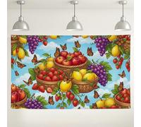 Fondo de cesta de frutas, fondo colorido de fotografía de estilo vintage, escena decorativa de horizonte azul para fiestas, eventos de primavera y verano, 71 x 43 pulgadas