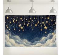 Fondo de cielo estrellado, patrón de luna y estrella, fondo decorativo para fotografía, azul y dorado, para fiestas, eventos, celebraciones, 71 x 43 pulgadas