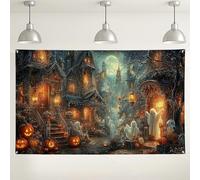 Fondo de ciudad fantasma de Halloween, decoraciones espeluznantes de casa embrujada, faroles de calabaza, fondo de fotos para fiestas, suministros de festival de otoño, 71 x 43 pulgadas