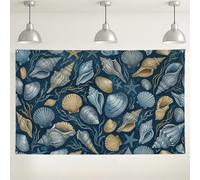 Fondo de conchas náuticas, fondo decorativo con temática del océano marino, fondo de fotografía de criaturas oceánicas azules y doradas para fiestas de verano y eventos, 71 x 43 pulgadas